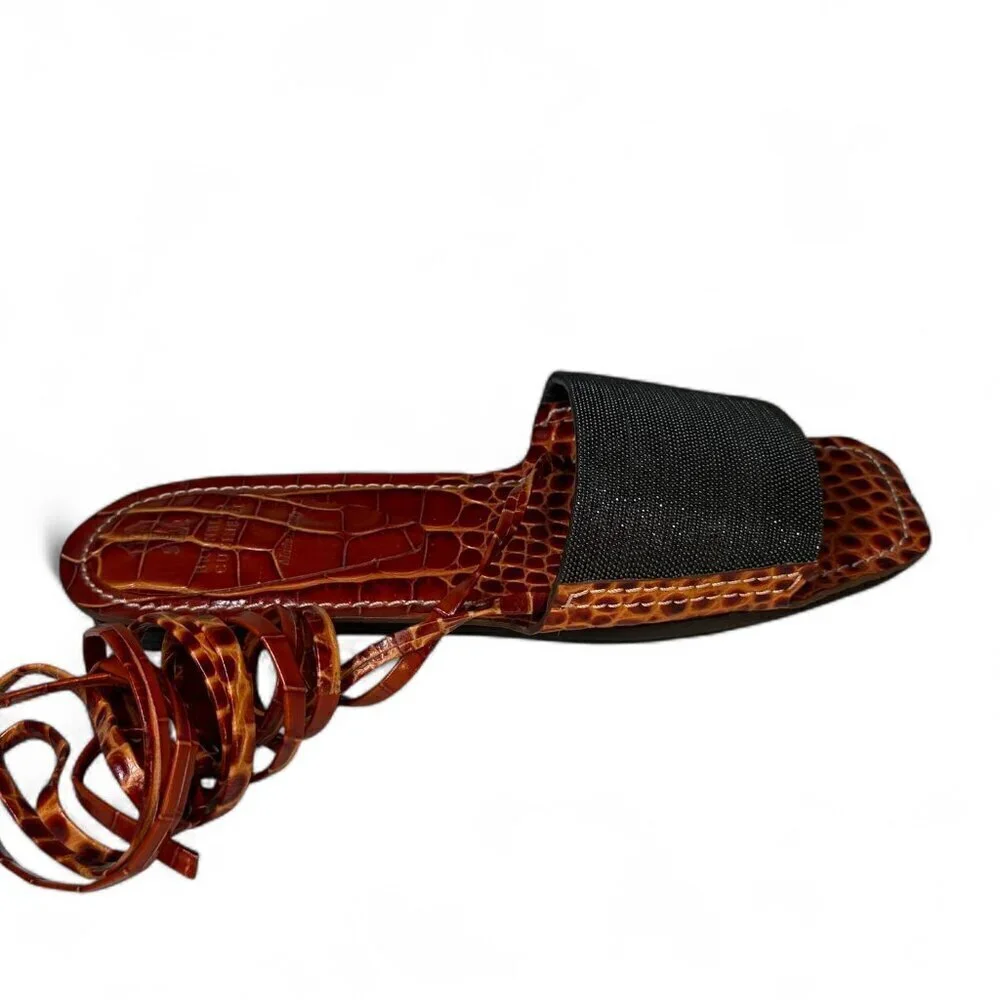 Brunello Cucinelli Women's Orange & Brown Croc Embossed Flat Sandals Sz 37 NWOB